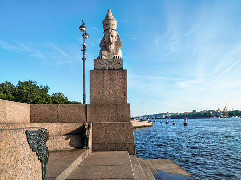 Sculpture of the Sphinx on the embankment of the Neva River in the city of St. Petersburg