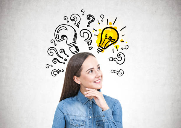istock Cheerful young woman in a jeans shirt, answer 899301026
