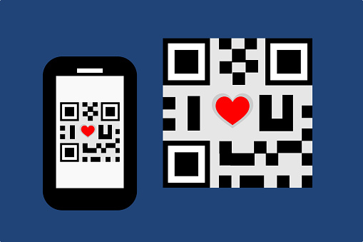 Flat design of smartphone and QR code whit ' I love you' symbol. Technology and love concept.