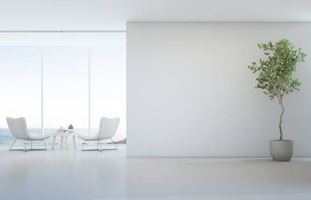 Indoor plant on white floor with empty concrete wall background, Lounge and coffee table near glass window in sea view living room of modern luxury beach house or hotel