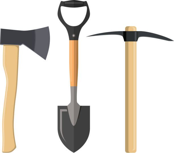 Pickaxe, shovel and ax. Pickaxe, shovel and ax. Tools digger or miner with wooden handle. Vector illustration in flat style grave digger stock illustrations