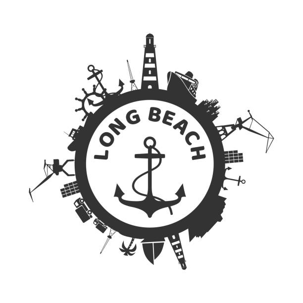 ilustrações de stock, clip art, desenhos animados e ícones de circle with cargo port icons - long beach california lighthouse los angeles county