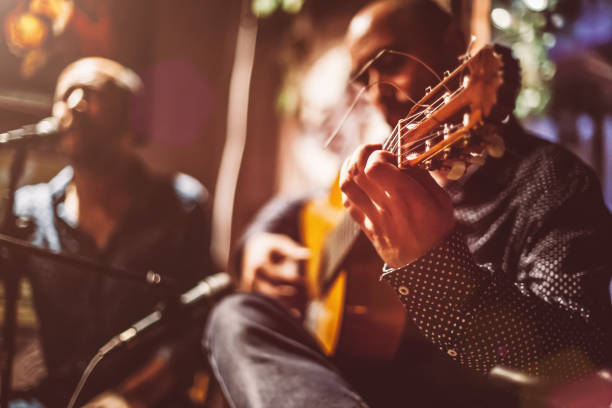 Musicians on A Stage Two male musicians on a stage performing traditional flamenco music. music culture stock pictures, royalty-free photos & images