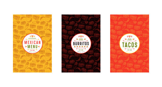 satz von beschriftung, logo und nahtlose muster für mexican restaurant - mexikanische küche stock-grafiken, -clipart, -cartoons und -symbole