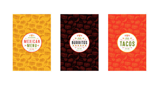 ilustraciones, imágenes clip art, dibujos animados e iconos de stock de conjunto de sello, logo y patrones sin fisuras para restaurante mexicano - tacos