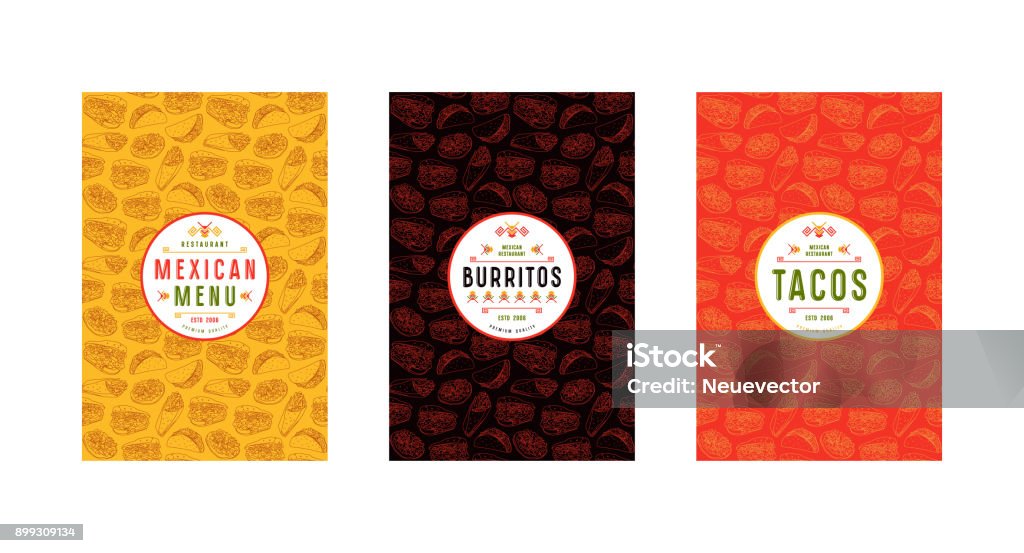 Set di etichetta, logo e motivo senza cuciture per il ristorante messicano - arte vettoriale royalty-free di Taco