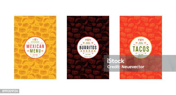 Set Di Etichetta Logo E Motivo Senza Cuciture Per Il Ristorante Messicano - Immagini vettoriali stock e altre immagini di Taco