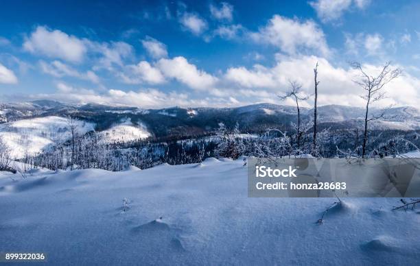 Winter Beskids Mountains Panorama With Snow Hills And Blue Sky With Clouds From Hiking Trail Near Velka Raca Hill In Kysucke Beskydy Mountains Stock Photo - Download Image Now