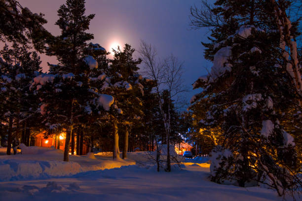 Car camping in the winter forest. A lot of snow. Night illumination and the moon in the misty sky
