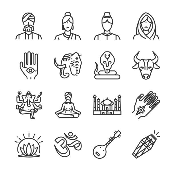 indien-icon-set. die symbole als indian, hindi, ganesha, henna, cobra, kuh und mehr enthalten. - cobra people india snake stock-grafiken, -clipart, -cartoons und -symbole