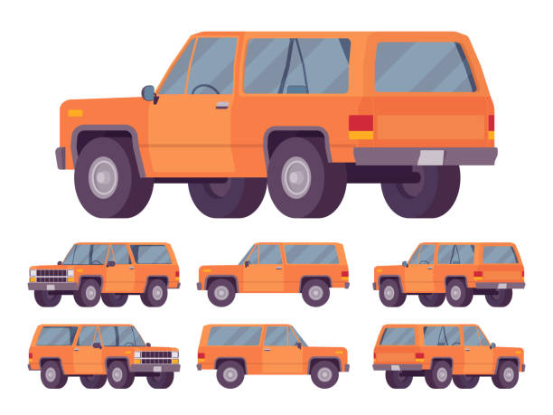 оранжевый внедорожный набор - jeep 4x4 off road vehicle adventure stock illustrations