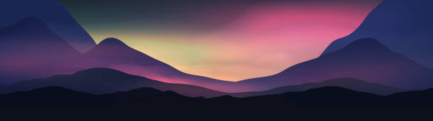 Sunset or Dawn Over Silk Mountains Landscape Panorama - Vector Illustration vector art illustration