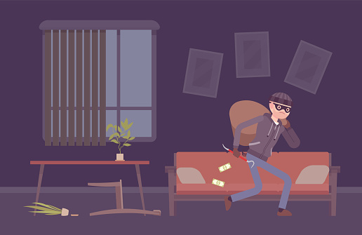 Thief housebreaker in a room. Male masked burglar breaks into dark flat, enters a house to steal things and property, taking things and carrying away sack. Vector flat style cartoon illustration