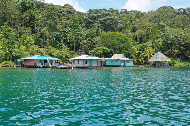 istock Lush tropical shore and rustic houses over the sea 899335304
