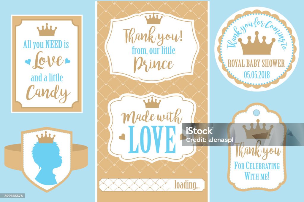 Set of vector vintage frames. Templates gift tags for royal party( wedding, baby shower, birthday) Candy wrappers, stickers, labels for little prince sweet table. Golden crown and blue Border - Frame stock vector