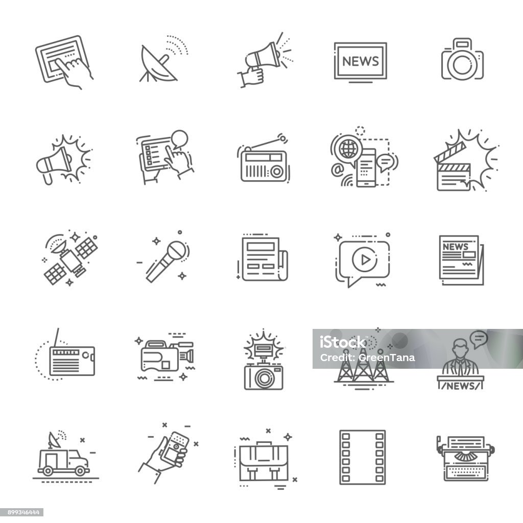 TV and media news vector icons set Set of modern vector plain line design mass media icons and pictograms Journalism stock vector