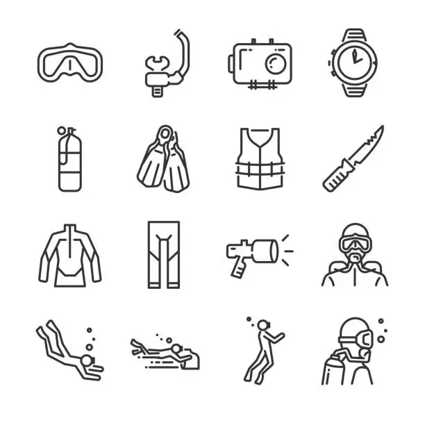 Vector illustration of Scuba diving icon set. Included the icons as underwater, scuba diver, mask, fins, regulator, wetsuit and more.