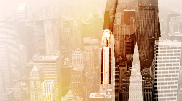 istock Business man looking at overlay city background 899351606