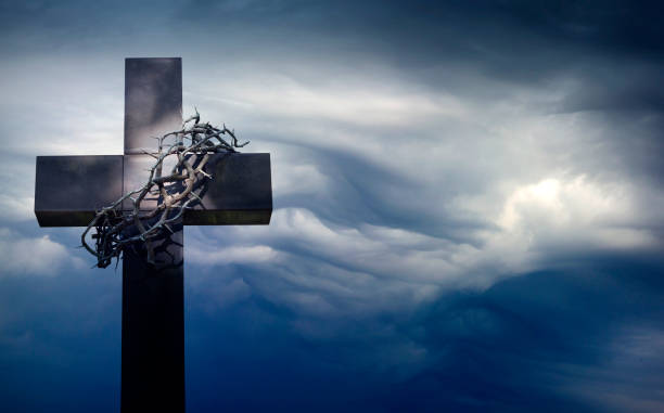 Easter Cross With Crown Of Thorns Against Blue Sky Abstract Background With  Empty Space Stock Photo - Download Image Now - iStock