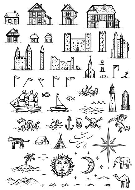 Map elements illustration, drawing, engraving, ink, line art, vector Illustration, what made by ink, then it was digitalized. vintage map icons stock illustrations