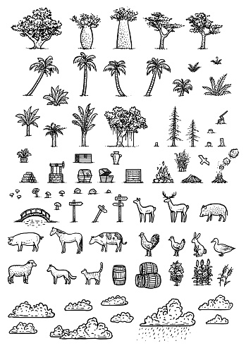 Map Drawing Elements Map Elements Illustration Drawing Engraving Ink Line Art Vector Stock ...