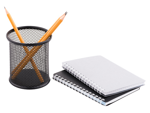 Note Pad Container Two Notepad And Next To Container With Sharp Pencils Inside Isolated On ...