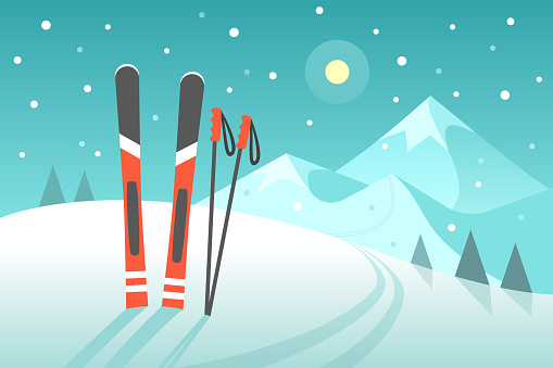 Vector illustration in trendy flat style with pair of skis on the snowy landscape background.