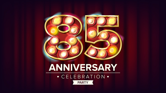 85 Years Anniversary Banner Vector. Eighty-five, Eighty-fifth Celebration. Shining Light Sign Number. For Business Cards, Postcards, Flyers, Gift Cards Design. Modern Background Illustration