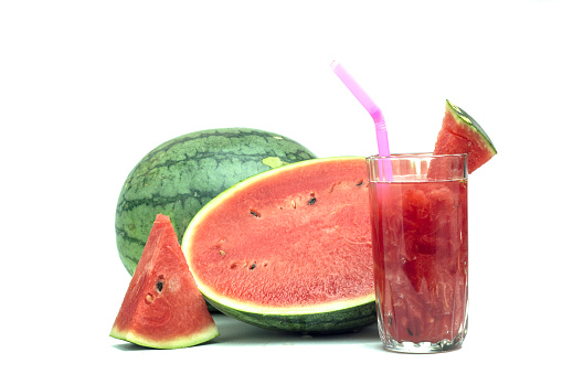 glass of fresh watermelon juice isolated on white.