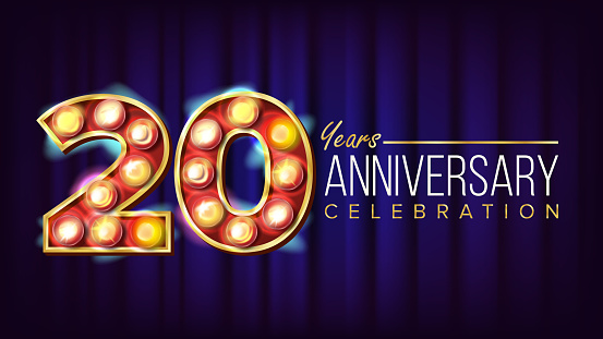 20 Years Anniversary Banner Vector. Twenty, Twentieth Celebration. Lamp Background Digits. For Flyer, Card, Wedding, Advertising Design. Business Background Illustration