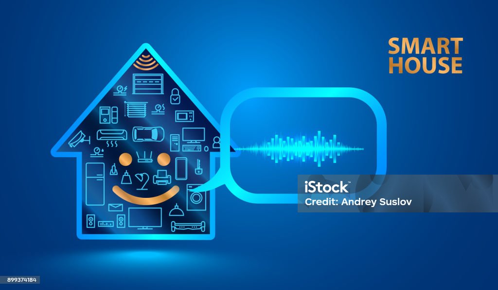 Voice assistant helps you to manage smart home system. Smart house said in a human voice. Control the Internet of things using voice commands. Vector Dictation stock vector