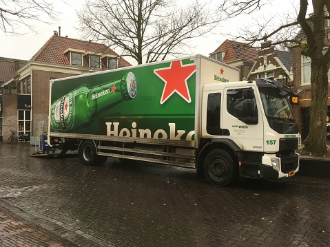Meppel, The Netherlands - December 27, 2017: Heineken truck parked by the side of the road in the city of Meppel. Nobody in the vehicle.