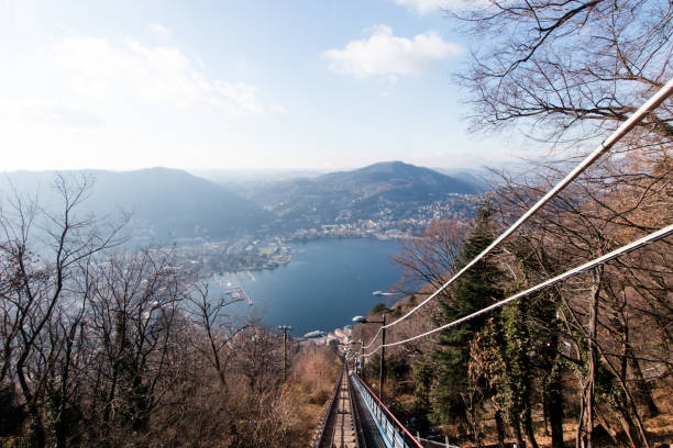 View of Lake Como from the uphill cableway towards Brunate. stock photo