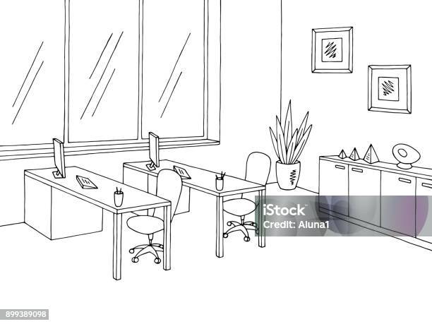 Office Room Graphic Black White Interior Sketch Illustration Vector Stock Illustration - Download Image Now