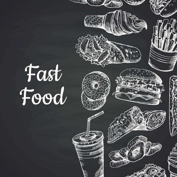 vektor-illustration mit weißen fastfood handgezeichnete an tafel - hamburger schnellgericht stock-grafiken, -clipart, -cartoons und -symbole