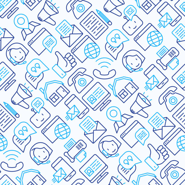 Contact us seamless pattern with thin line icons of telephone, fax, operator call center, e-mail, chat bot, pointer, feedback. Modern vector illustration. vector art illustration