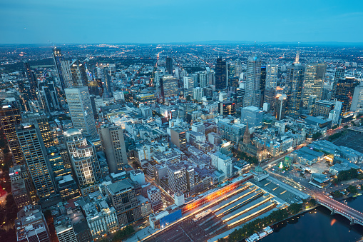 Aerial view of Melbourne at dusk, Australia.