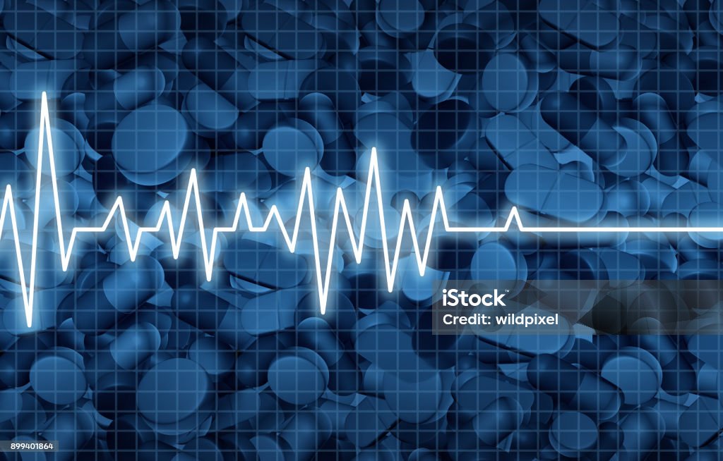 Opioid Death Opioid death crisis and prescription painkiller addiction epidemic concept as an ekg or ecg monitor life flatline over pills as a medical addict problem as a 3D illustration elements. Drug Overdose Stock Photo