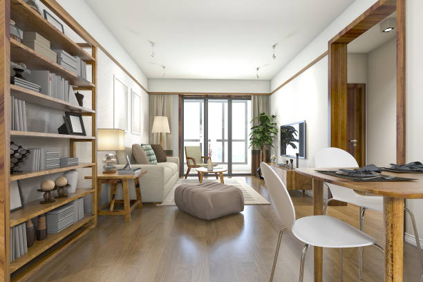 istock 3d rendering wood scandinavian living and dining room 899402850