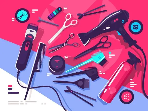 Vector illustration of Hairdressing tools, hairbrush and hair dryer