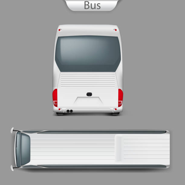 Vector realistic coach bus mockup back, top view Realistic vector white coach bus mockup back or rear, top view. High-detailed passenger transport, travel vehicle. Blank city bus template forcorporate identity branding, advertising design. bus livery stock illustrations