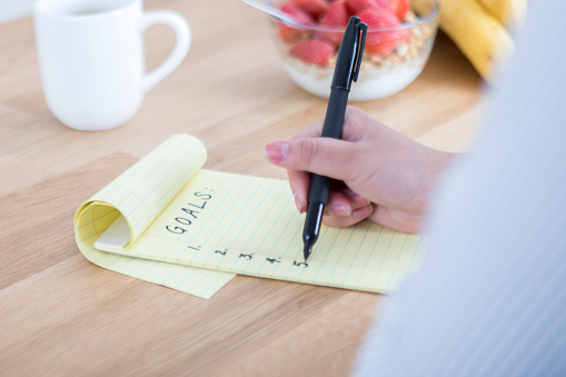 Unrecognizable woman lists her goals for the New Year on a yellow notepad. She is numbering the list. A coffee cup and bowl of strawberries and granola are on the table.
