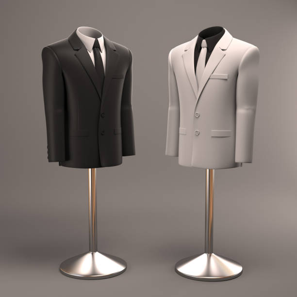 abiti formali su manichini da negozio illustrazione 3d - fashion tailor clothing men foto e immagini stock