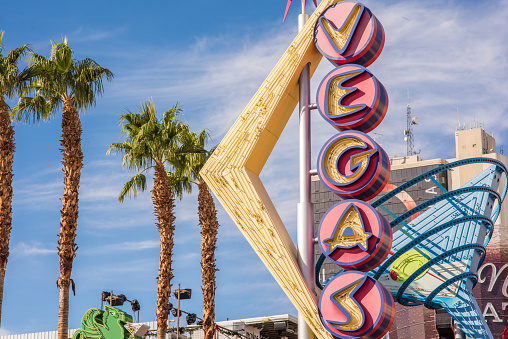 Las Vegas, Nevada, November 24, 2017: The bright, interesting and historic Vegas neon sign on display downtown near the Fremont Street Experience. The area is known for its unique art culture.