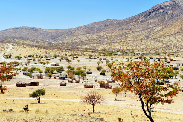 African village near Opuwo, Namibia View over a traditional African Himba village with huts near Opuwo,Namibia. kaokoveld stock pictures, royalty-free photos & images
