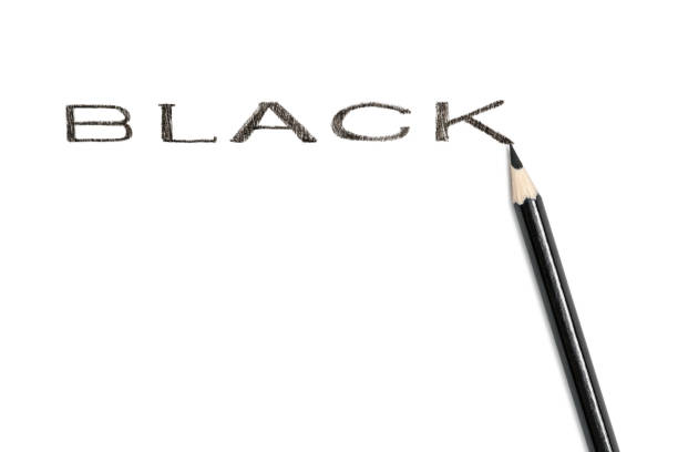 Written in capital letters the word black with a black pencil lying beside, isolated on a white background