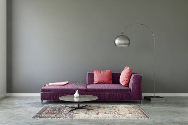 sofá color pastel con plantilla de pared en blanco - bedding cushion purple pillow fotografías e imágenes de stock