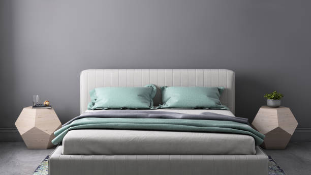 istock Bed with nightstand and wall lamp template 899419432