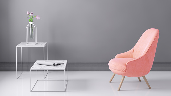 Interior render with pastel armchair and dark blank wall for copy space. coffee table with flowers. background mock up template