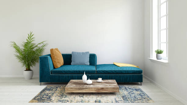 sofá color pastel con plantilla de pared en blanco - bedroom blue bed domestic room fotografías e imágenes de stock